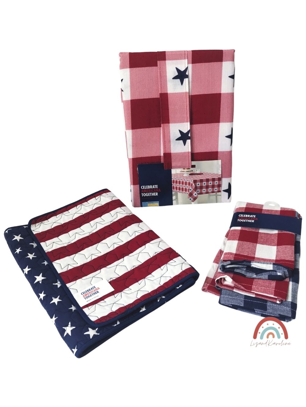 New! Patriotic Americana Gingham Stars Kitchen Tablecloth Runner Linens Set